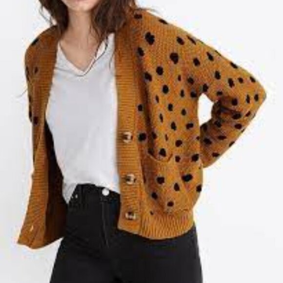 Madewell Sweater Women's Small Cardigan Old Gold and Black Polka Dots Purdue - Picture 6 of 10